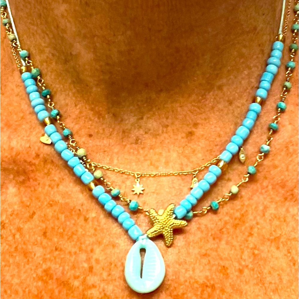 New So Cool Boho Starfish Glass Beaded Necklace Blue